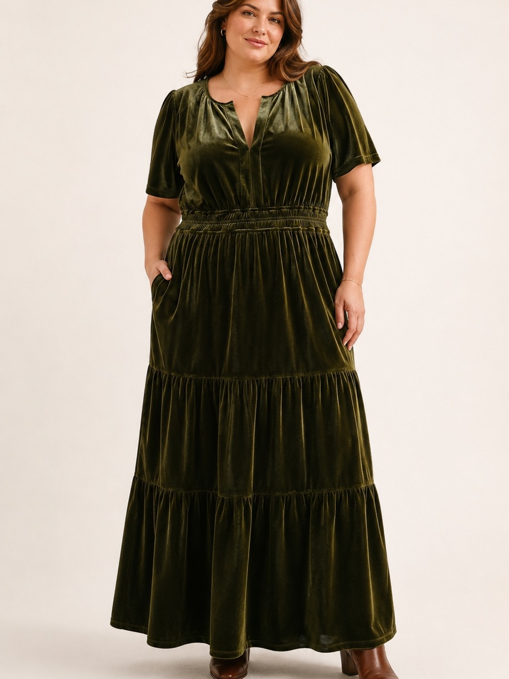 Leslie Fay Olive Velvet Tiered Maxi Dress Sz 14 NWT